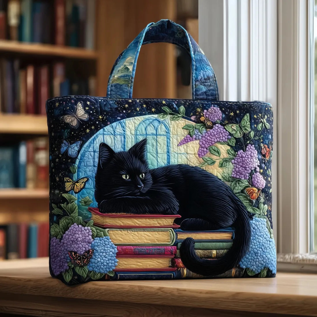 Sac Artisanal - Chat Noir sur des Livres